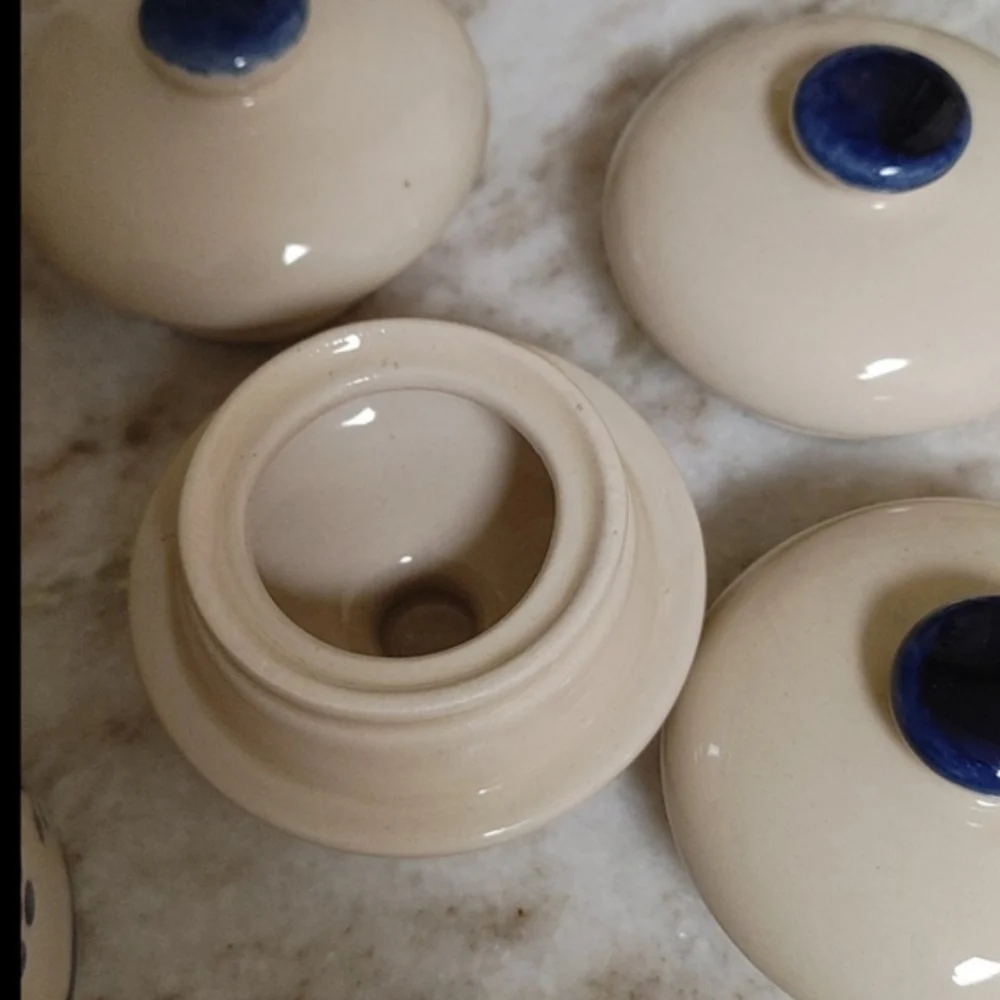 4 Mini VTG Ceramic Canisters Naaman Porcelain Israel Ivory Blue & Burgundy